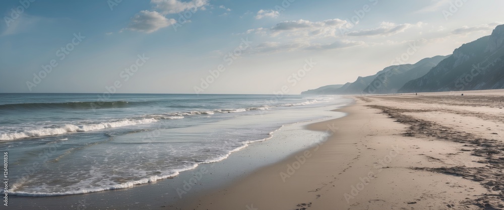 Poster scenic coastal landscape with calm waves lapping on a sandy beach and distant cliffs under a cloudy 