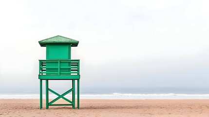 Green Lifeguard Stand on Sandy Beach Under Cloudy Sky