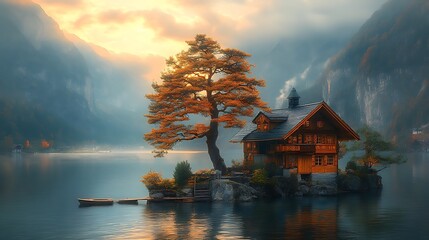 Fototapeta premium Sunset casting golden hues over a peaceful mountain landscape.