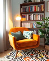 Cozy Eclectic Living Room with Orange Chair and Colorful Rug by Bookshelf