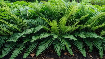 Lush green fern leaves in a dense arrangement on forest floor with textured background and natural light Copy Space