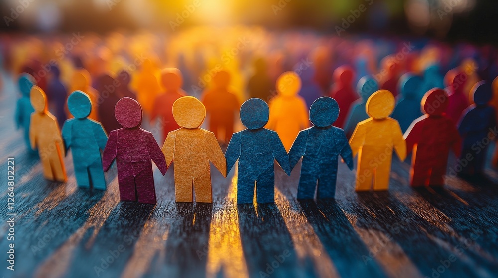Poster a group of brightly colored paper figures holds hands in a circle, symbolizing collaboration, shared