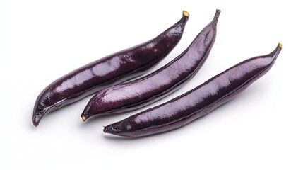 Three Long Purple Eggplants on White Background with Fresh Appearance