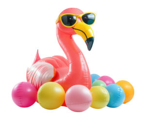 giant inflatable flamingo wearing sunglasses surrounded by colorful beach balls creates fun and vibrant summer atmosphere. Perfect for pool parties and outdoor events