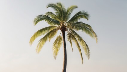 Single tall palm tree against clear sky background with green fronds and textured trunk Copy Space