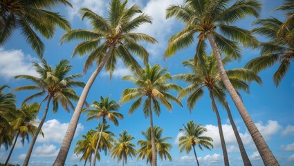 Tropical palm trees against a bright blue sky with fluffy clouds copy space