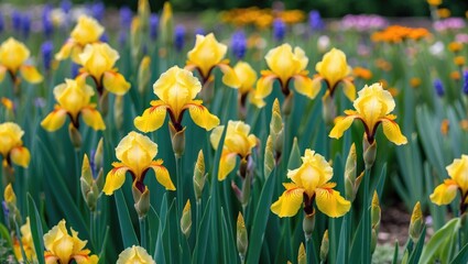 Obraz premium Yellow irises blooming in a colorful garden setting during springtime with green foliage and vibrant flowers in the background. Copy Space