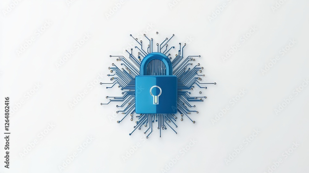 Poster secure digital lock with circuit background in blue and gold