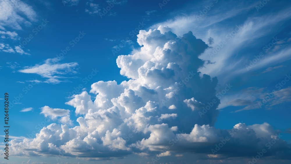 Poster cumulus clouds against a blue sky with wispy clouds in the background and ample copy space for text 
