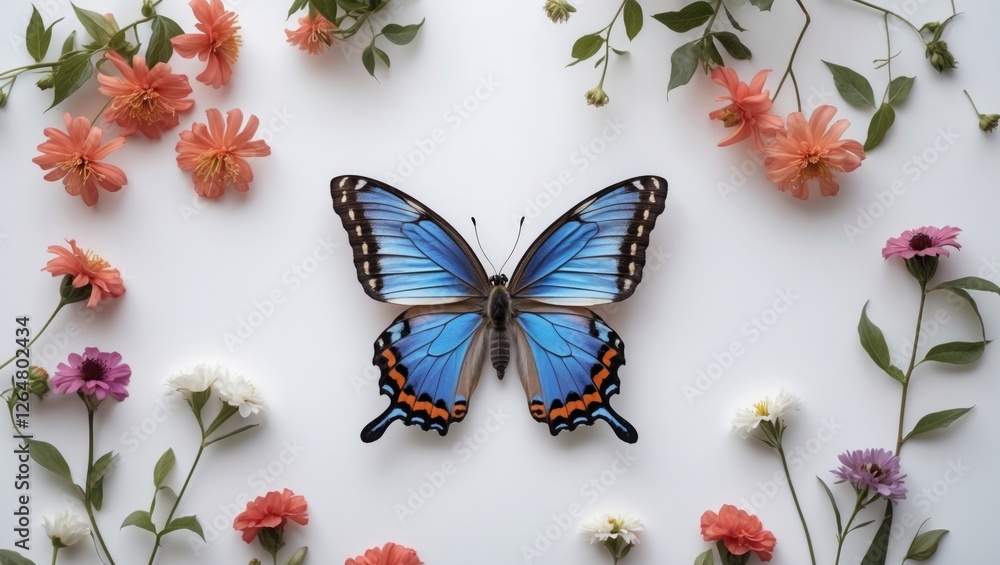 Poster blue butterfly surrounded by colorful flowers on a white background with copy space for text placeme