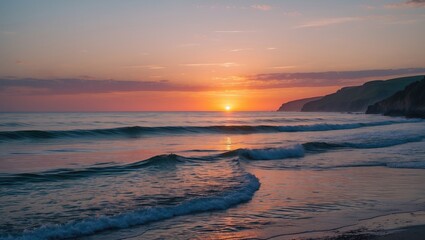 Obraz premium Serene sunset over calm ocean waves with soft reflections on the water at a beach coastline landscape. Copy Space