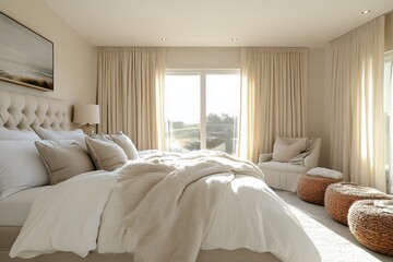 Modern serene bedroom featuring large windows and comfortable decor in the bright afternoon sun