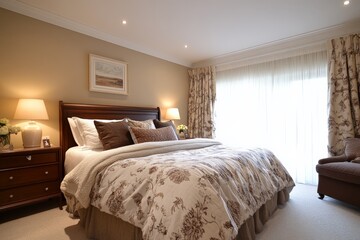 Cozy and elegant bedroom interior with warm lighting and floral decor for a peaceful retreat