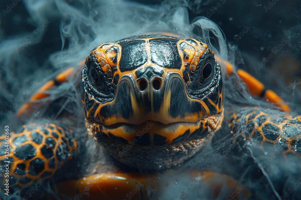 Poster close up of a colorful turtle gliding through water surrounded by bubbles and soft light in an aquar