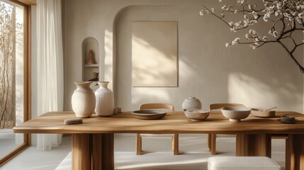 Warm inviting dining room interior with natural light and textures