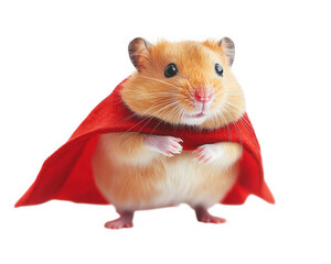 hamster dressed as superhero, striking heroic pose in red cape, exudes charm and playfulness. This adorable scene captures essence of imagination and fun