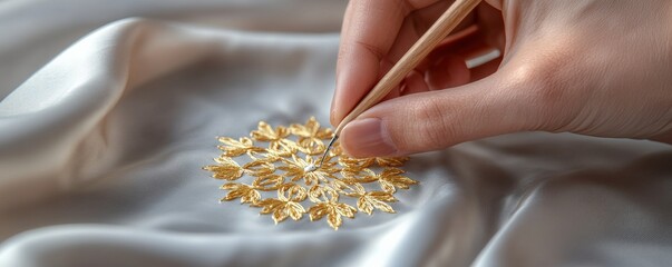 handicrafts embroidery skill concept. Hand embroidering intricate design on silk fabric.