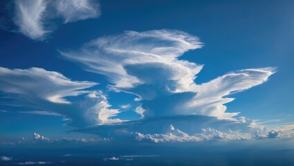 Fototapeta premium Dramatic cloud formations under a blue sky with atmospheric details and depth Copy Space