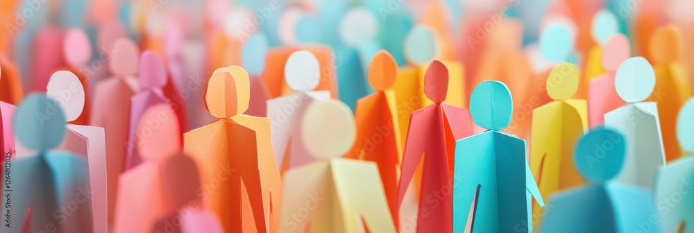 Poster a charming collection of vibrant paper cutouts depicting a crowd, symbolizing unity and creativity, 