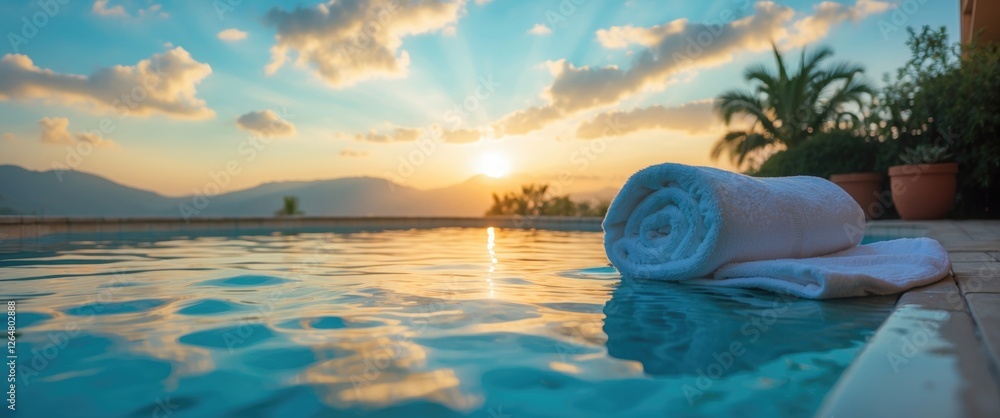 Poster sunset over swimming pool with rolled towels and reflections in water surrounding tranquil outdoor s
