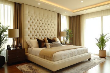 Modern bedroom design featuring plush bedding and elegant decor in a bright, spacious setting