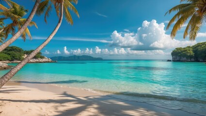 Obraz premium Tropical beach with clear turquoise water, white sand, and palm trees under a blue sky with clouds, ideal for relaxation and vacation imagery. Copy Space