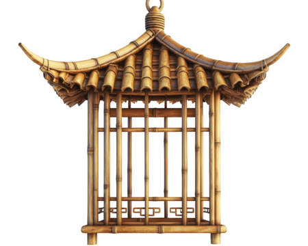suspended bamboo birdcage with curved roof, showcasing intricate craftsmanship and traditional Asian design. This unique piece adds touch of elegance to any space