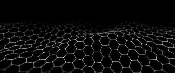Abstract hexagon wave. Digital network. Connection of particles and lines in hexagon shape. Data. Technology background. 3d vector illustration