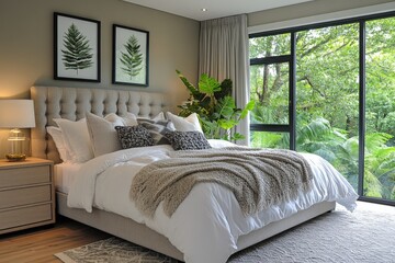 Cozy and modern bedroom with large windows overlooking lush greenery in a tranquil setting
