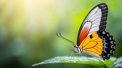 Obraz premium Orange White And Black Butterfly On Green Leaf