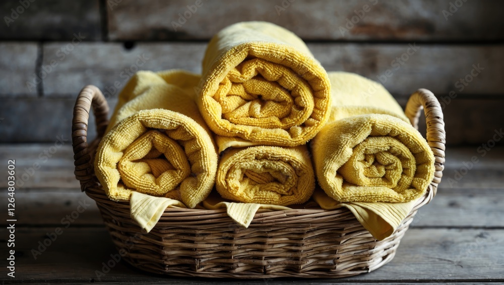 Poster rolled yellow towels neatly stacked in a woven basket on rustic wooden background with ample copy sp