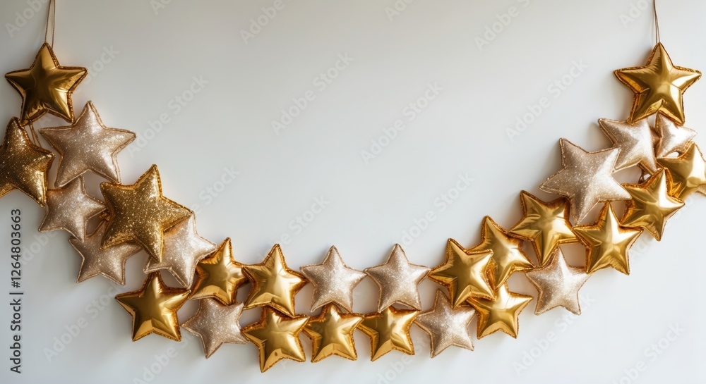 Poster golden star-shaped decorations arranged in a festive display with copy space for text or branding pu