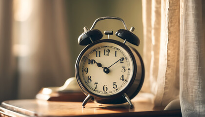 Naklejka premium Morning ritual vintage alarm clock on wooden table cozy room still life nostalgic atmosphere close-up perspective