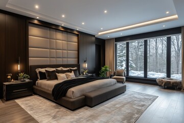 Modern bedroom design featuring large windows and winter scenery in a cozy and elegant setting