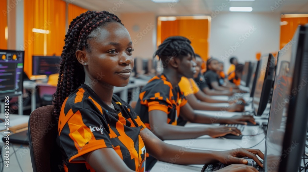 Poster students participate in a computer training session wearing colorful shirts in a modern classroom fi