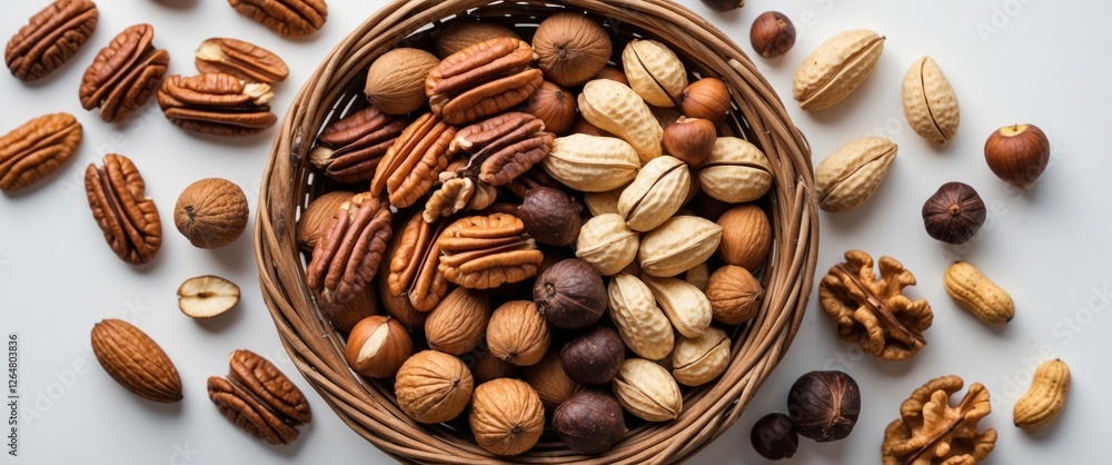 Poster mixed assortment of various nuts in a wicker basket on a light background with scattered nuts around