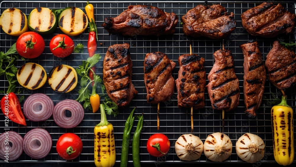 Poster grilled meats and assorted vegetables on a barbecue grill top view with copy space for text