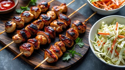 Grilled chicken skewers served on a wooden board with fresh coleslaw and vegetable salad in bowls Copy Space