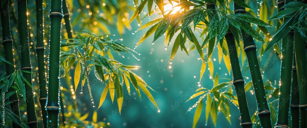 Aufkleber lush bamboo forest with sunlight filtering through leaves and droplets of water creating a tranquil 