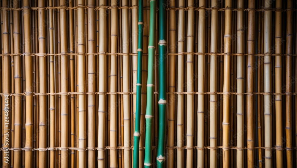 Poster bamboo wall texture with vertical bamboo sticks in natural colors and green accents creating a rusti