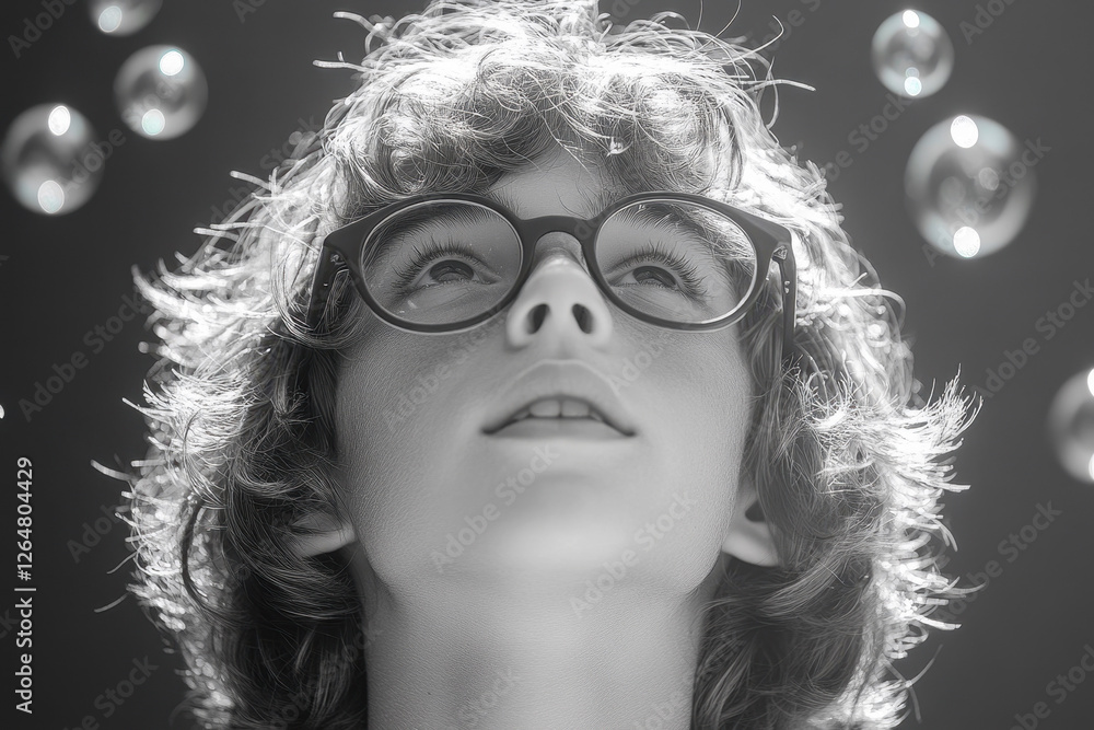 Poster boy gazes upwards with wonder as bubbles float in a soft-lit atmosphere during an indoor play sessio