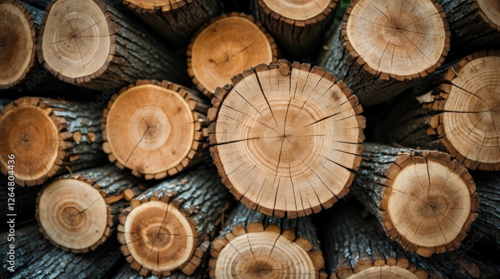 Poster close-up of cut tree logs stacked together showing wood grain patterns and circle rings with copy sp