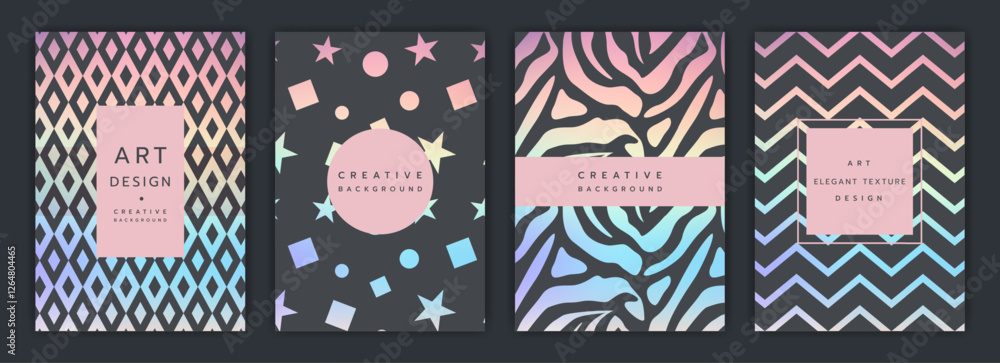 Poster abstract banner. geometric pattern. iridescent stars and foil glitter shapes. brochure simple cover.