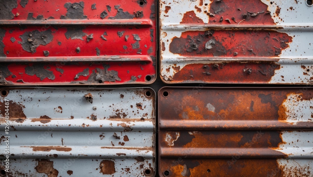 Poster rusty metal panels with peeling paint in red and blue arranged in a square pattern with textured sur