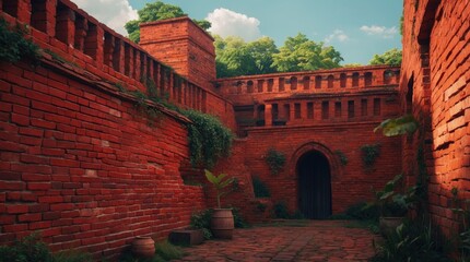 Obraz premium Brick courtyard with lush greenery and stone pathway leading to arched door, historical architecture, blue sky with clouds and natural light, Copy Space