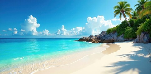 Serene tropical beach scene with turquoise water, white sand, and lush vegetation