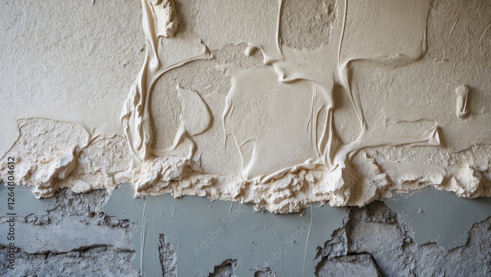 Poster textured wall surface with thick plaster and peeling paint view including beige and gray tones and u