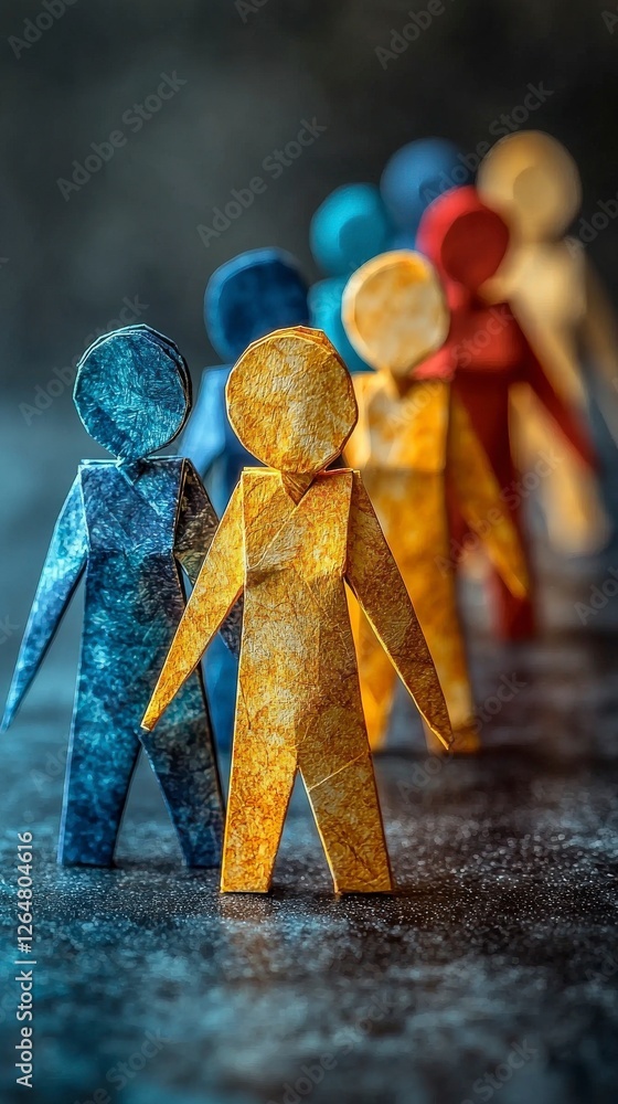 Poster in this image, vividly colored paper figures stand together, creating a serene scene that emphasizes