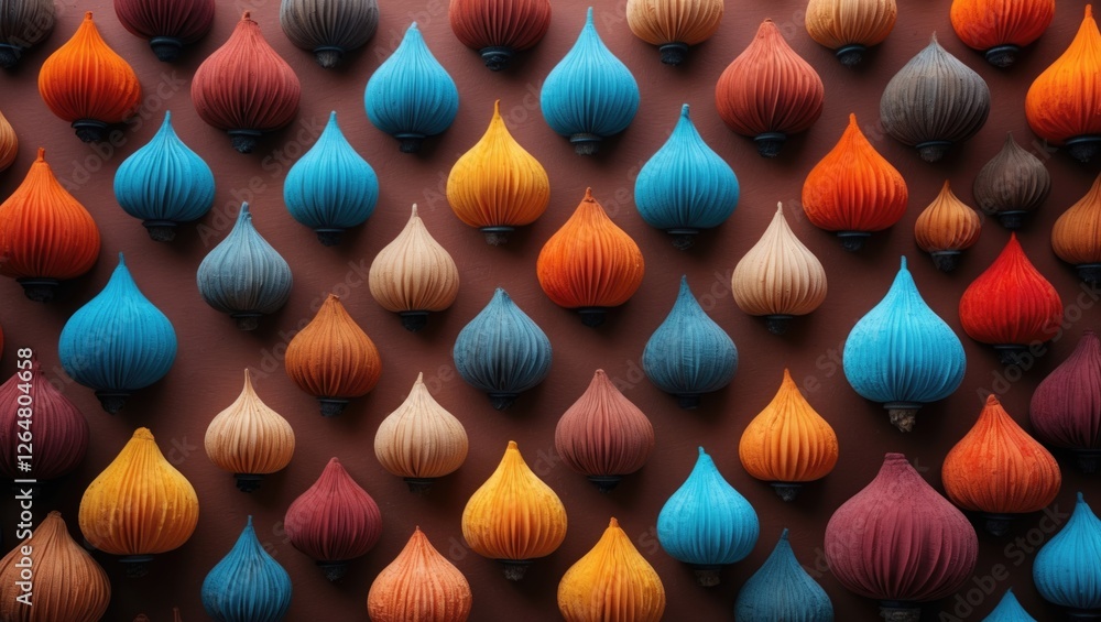 Aufkleber colorful decorative elements in various shapes arranged on a background with warm tones textured sur