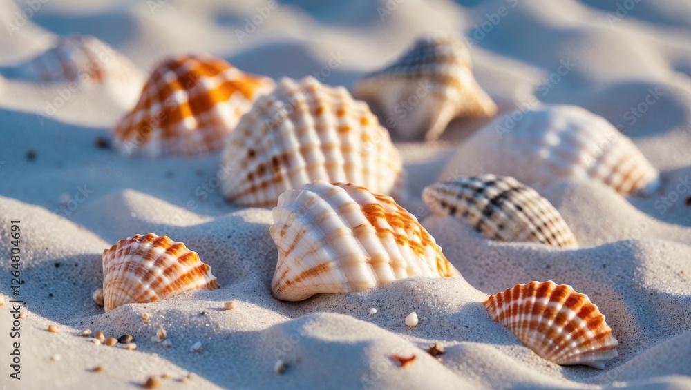 Poster close-up of various seashells on sandy beach with soft shadows and sunlight highlighting textures an